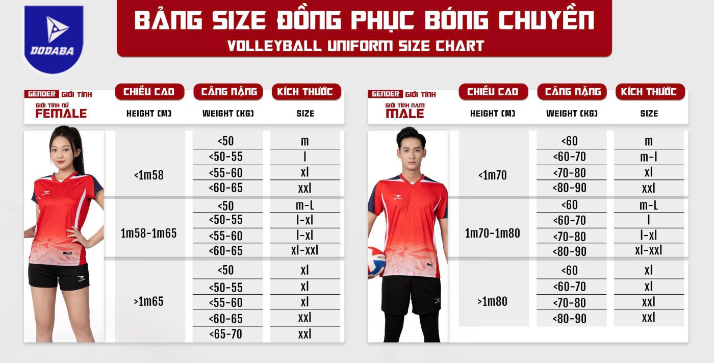 bảng size áo bóng chuyền thiết kế