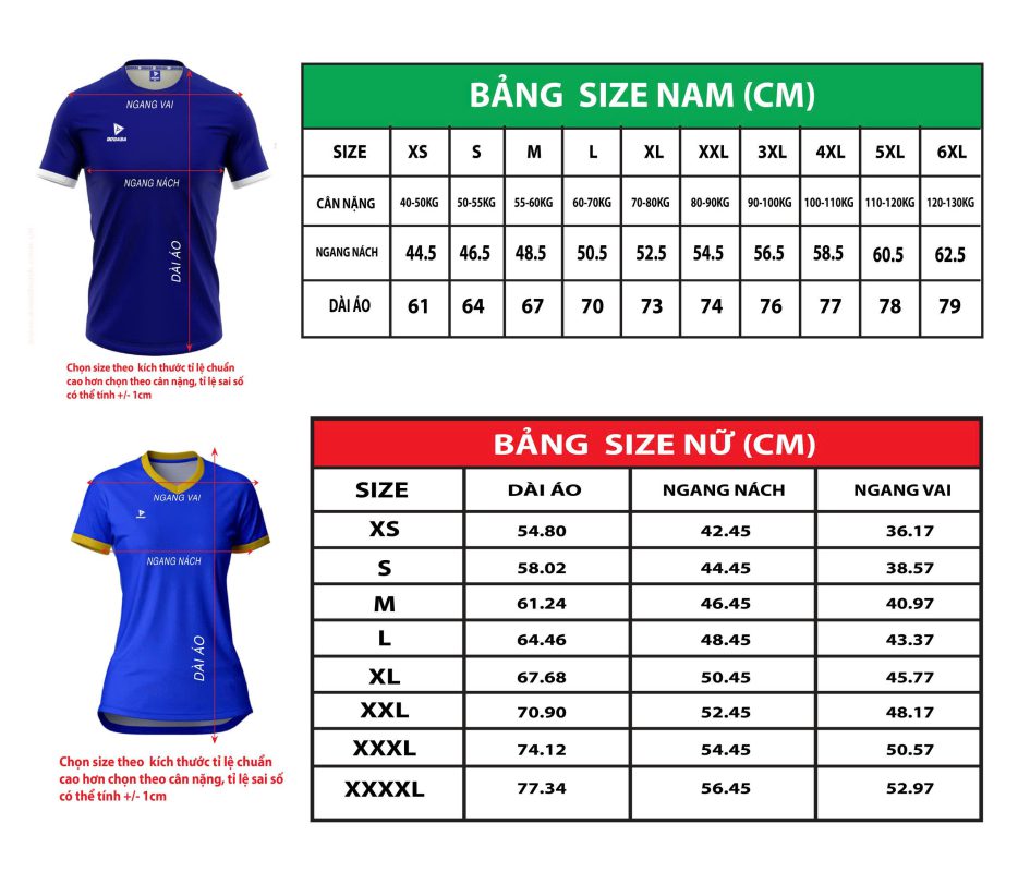 bảng size áo pickleball dodaba