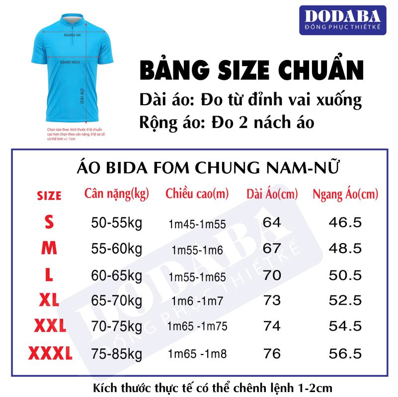 bảng size áo bida dodaba