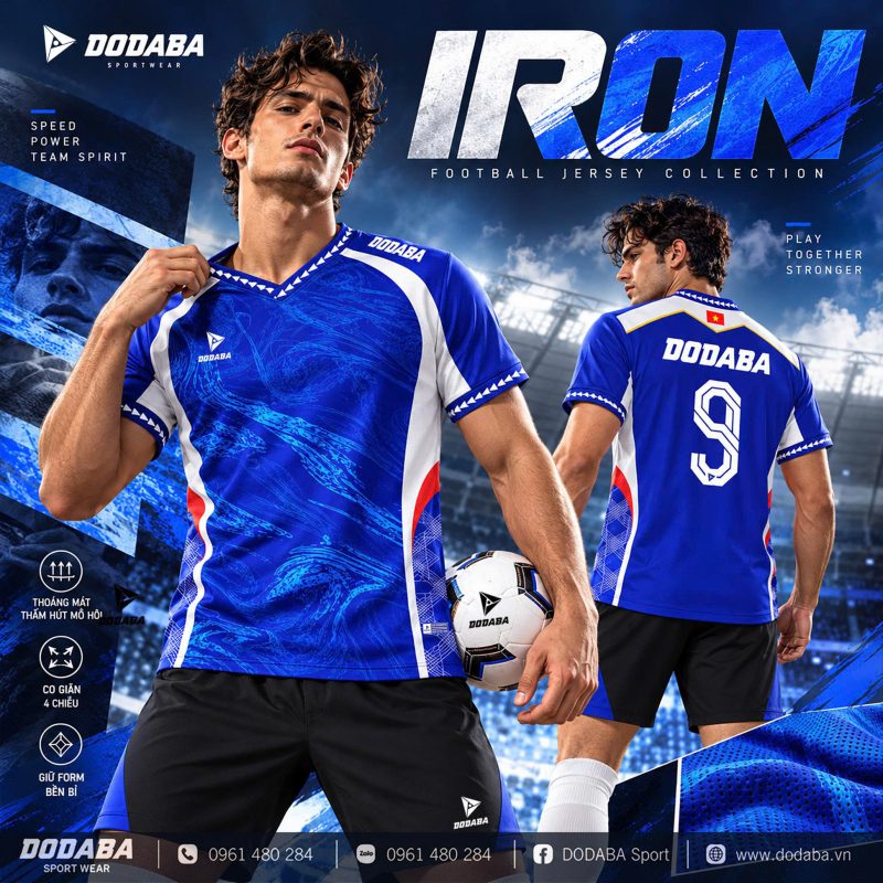 áo thiết kế bóng đá IRon xanh dương